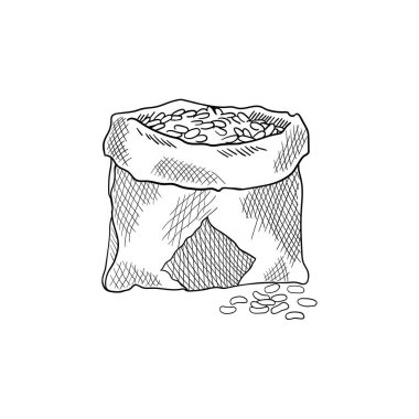 Buğday çizimi. El çizimi siyah beyaz bir çanta dolusu hasat tohumu. Mısır gevreği tarımı, organik tarım, sağlıklı gıda sembolü. Yiyecek paketi veya fırın tasarım ögesi için vektör tasarım şablonu