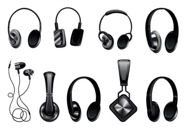 Kulaklıklar. Siyah müzik kulaklıkları ya da oyun kulaklıkları. Hoparlörlü ses aygıtı, kablosuz mobil kulaklıklar 3D vektör görüntüsü izole edildi. Teknoloji stüdyosu aksesuarları