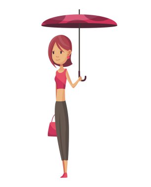 Kötü rüzgarlı yağmurlu hava komik çizgi film insanları ikonu. Şemsiyeli kadın yağmurun altında duruyor. Şemsiyeli karakter