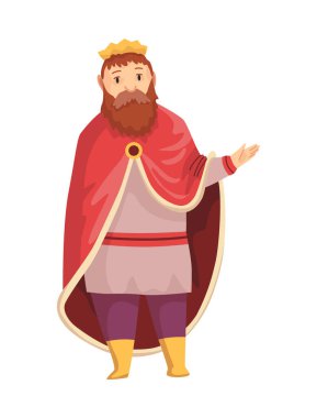 Orta Çağ tarihi dönem vektör illüstrasyonunun Ortaçağ krallığı karakteri. Kralın tacı ve kraliyet cübbesi