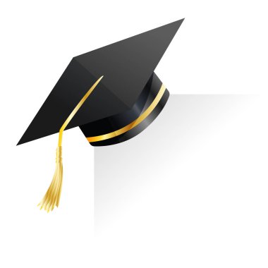 Mezuniyet şapkası. Diploma töreni ve eğitim programları tasarımı için unsur. Mezuniyet ya da üniversite siyah şapka kapağı. Akademik şapka. Lise öğrencisi şapkası beyaz arkaplanda izole edilmiş