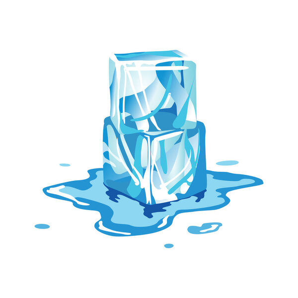 Water ice cube icon. Frozen melting water particles. Set of translucent ice cubes in blue colors. Realistic blue solid water