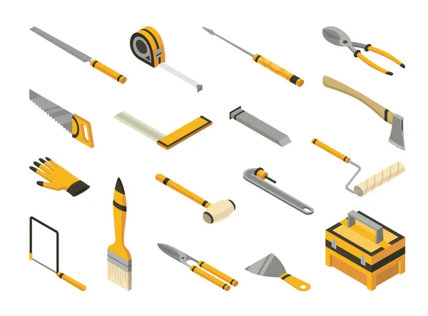 Set of isometric hand tools. Detailed icons of tools for handyman repair. Vector equipment kit of builder instrument. Tool supplies for house repair on white background — Stock vektor
