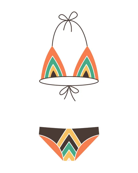 Mode Badeanzug. Flache Ikone der trendigen weiblichen Beachwear aus Cartoon. Zweiteiliger Badeanzug oder Unterwäsche für Mädchen und Frauen. Vector bunte Badebekleidung — Stockvektor