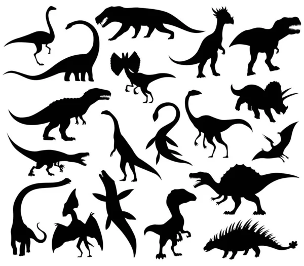 Dinosaures et monstres dino icônes. Collection d'icônes des prédateurs et des herbivores. Ensemble de silhouettes vectorielles noires. Dinosaures de la période jurassique. Triceratops T-rex brontosaurus et autres — Image vectorielle