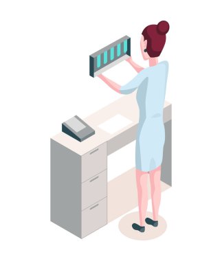 Tıp araştırmacısı izometrik. Doktor araştırmanın sonuçlarını göz önünde bulundurur. İnsan karakterli Isometric vektör illüstrasyon kiti