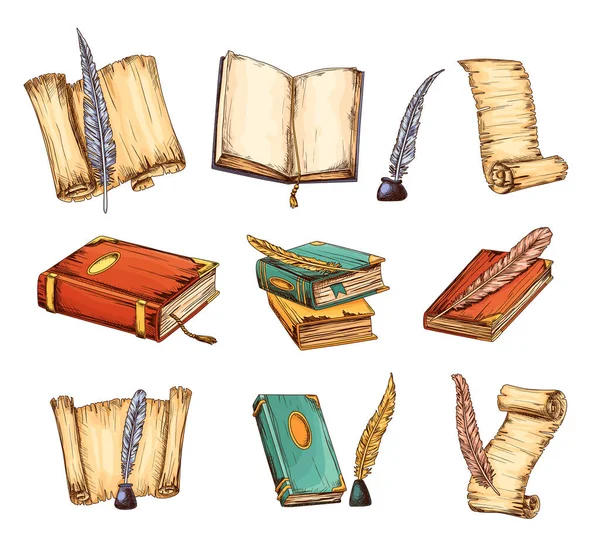 Collection of old books and antique quills. Education and wisdom concept. Vector icons for education and literature theme design. Vintage books and feathers icons — Stock Vector