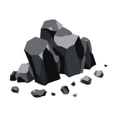 Kömür siyah mineral kaynakları. Fosil taşı parçaları. Çokgen şekiller. Grafit veya kömürden siyah kaya taşları. Enerji kaynağı kömür simgesi
