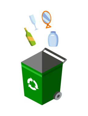 Sıralama için çöp tenekesi. Geri dönüşüm elementleri. Cam çöplerle dolu renkli çöp kutusu. Çöp tenekesinde atık ayıklama. Atık yönetimi kavramı