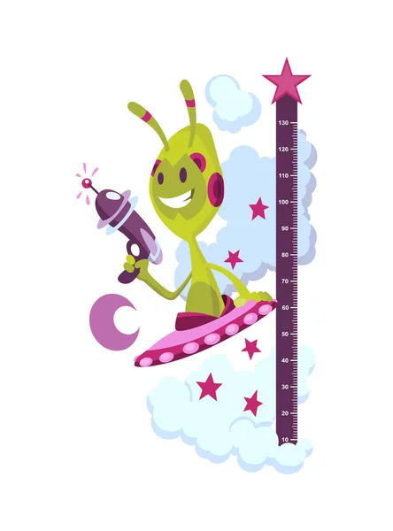 Wandmesser mit lustigem Alien. Aufkleber zum messen der höhe kinder. Lustige Vektor-Cartoon-Illustration für Kinder — Stockvektor