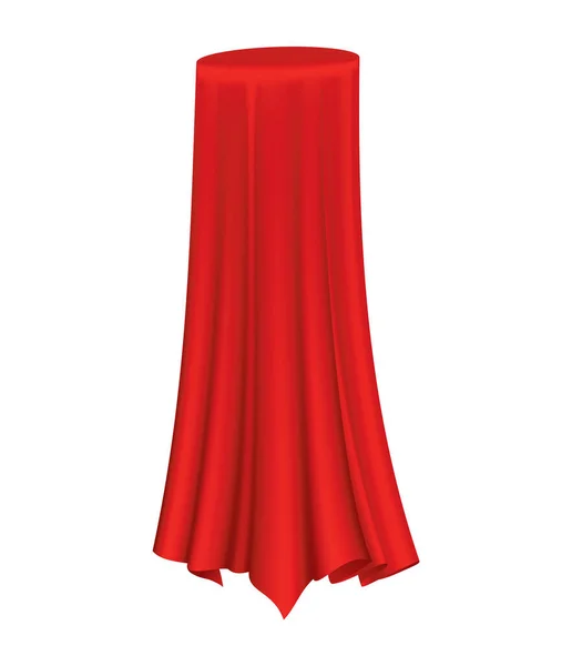 Критий об'єкт. Червона шовкова тканина покриває завісу. Розкрити тканину реалістична завіса для виставки з прихованим об'єктом. Ізольований об'єкт всередині драпірованої тканини на білому тлі — стоковий вектор