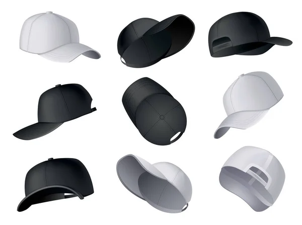 Gorras de béisbol. Plantilla de gorra de béisbol realista frente, lado, vistas traseras. Sombreros deportivos de maqueta vacíos. Tapas en blanco y negro aisladas sobre fondo blanco. Plantilla en blanco de gorras uniformes de béisbol — Archivo Imágenes Vectoriales