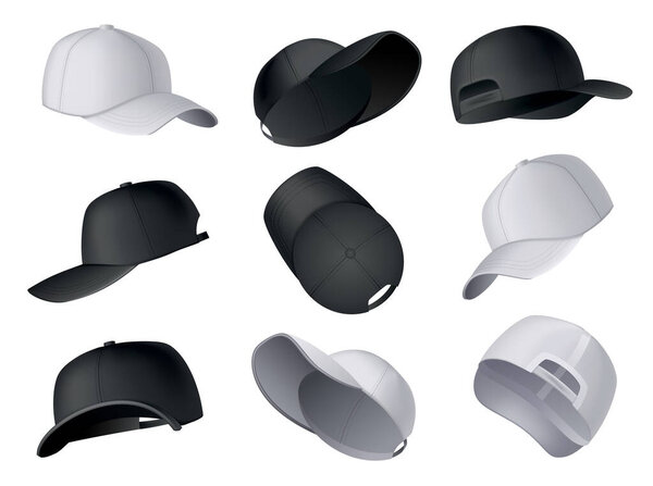 Baseball caps. Realistic baseball cap template front, side, back views. Empty mockup sport hats. Black and white blank caps isolated on white background. Blank template of baseball uniform caps