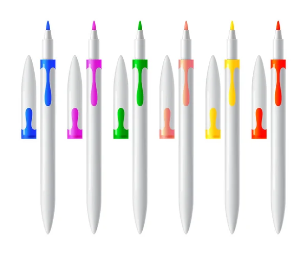 Ensemble de marqueurs colorés. Surligneurs vectoriels réalistes, feutre marqueur pointe ou stylos collection pour le design dans la maison, projets de bureau et d'école, albums. Enfants et artistes outils de peinture vives — Image vectorielle