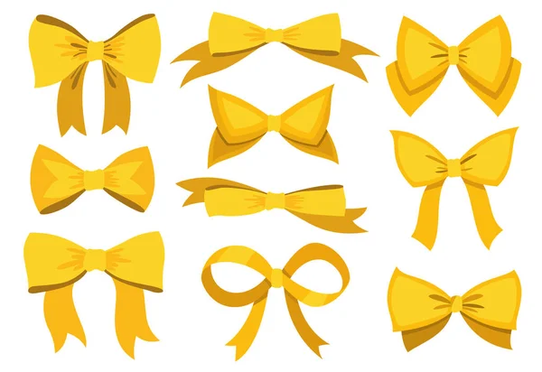 Conjunto de lazo dorado. Dibujos animados vector amarillo elementos de diseño de lujo de paquete de envoltura. Arcos de raso con cintas aisladas sobre fondo blanco — Vector de stock