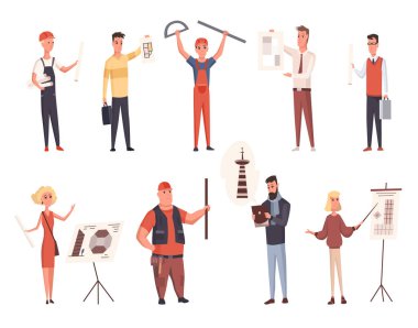 İnşaatçılar ve mimarlar ayarlandı. Profesyonel karakterler. Erkek ve kadın mühendisler veya işçiler. Bazıları beyaz arka planda izole edilmiş kasklarda. Proje sunumu