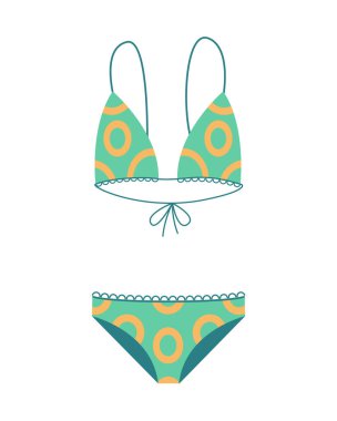 Moda mayosu. Çizgi film modasına uygun kadın plaj kıyafetinin simgesi. İki parçalı mayo ya da mayo ya da kadın iç çamaşırı. Vektör renkli mayo