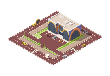 Isome süpermarketi ya da market binası ve cadde. Otoparktaki AVM binasını temsil eden vektör izometrik simge veya bilgi ögesi. Şehir altyapısı için 3D market