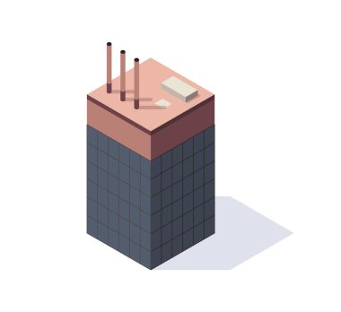 Fabrika izometrik. Üretim evinin mimarisi. Baca kulesi olan endüstriyel fabrika kavramı