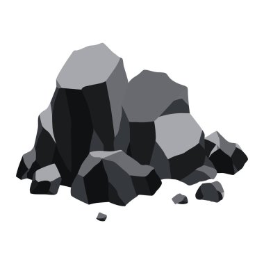 Kömür yığını. Siyah mineral kaynaklı fosil taşı. Çokgen şekiller. Grafit ya da kömürden kaya taşları. Enerji kaynağı simgesi