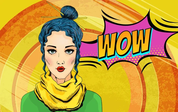 Pop art vector girl. Wanita yang terkejut, wajah cantik dengan bibir merah dan latar belakang berbintik-bintik. Gelembung ucapan komik wow - Stok Vektor