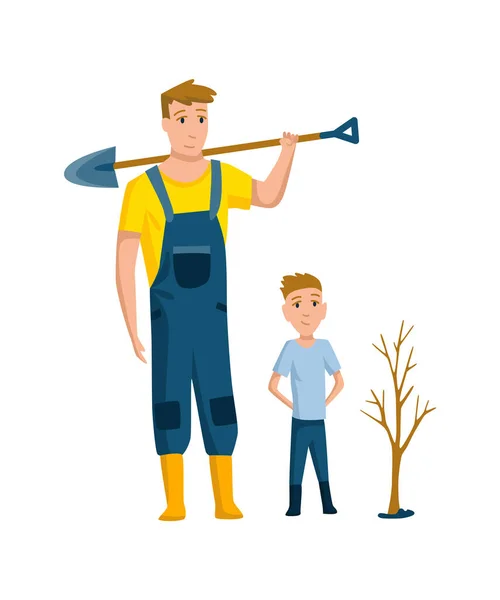 Vader brengt tijd door met zoon. Pa en zoon planten een boom, een gelukkig familieconcept. Vaderschap platte cartoon vector illustratie. Activiteiten buitenshuis — Stockvector