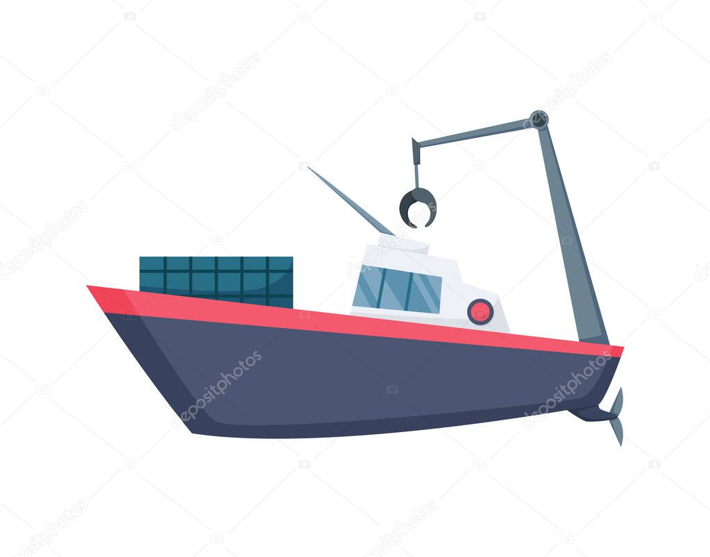 Fishing boat side view isolated on white background. Fishing commercial ship, fisher sea boat for ocean water, shipping seafood industry. Fisherman boat