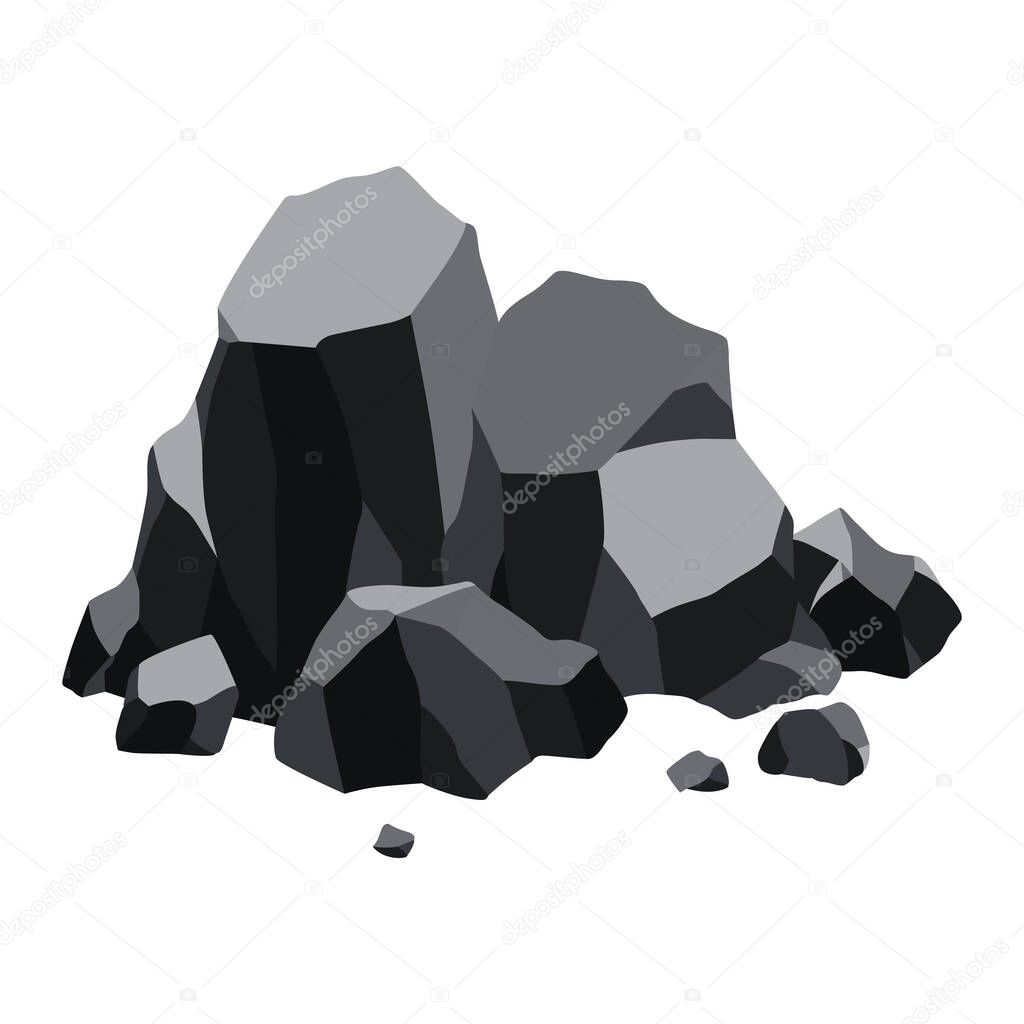 Pile of coal. Fossil stone of black mineral resources. Polygonal shapes. Rock stones of graphite or charcoal. Energy resource icon