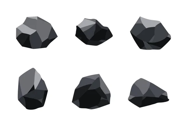 Collection of coal black mineral resources. Pieces of fossil stone. Polygonal shapes set. Black rock stones of graphite or charcoal. Energy resource charcoal icons — Stock Vector