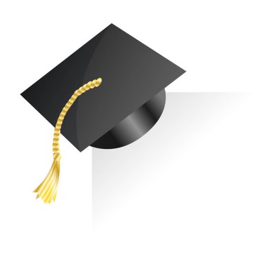 Mezuniyet şapkası. Diploma töreni ve eğitim programları tasarımı için unsur. Mezuniyet ya da üniversite siyah şapka kapağı. Kağıdın köşesinde akademik başlık