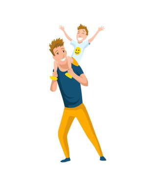 Baba oğluyla vakit geçiriyor. Babasının küçük oğlunu omuzlarında taşıması ve birlikte yürümesi, mutlu aile kavramı. Babalık yassı çizgi film vektör çizimi. Açık hava aktivitesi