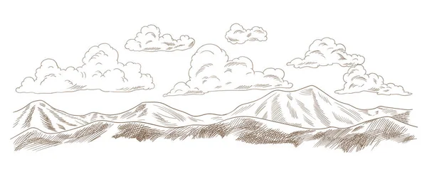 Weinlesewiese mit hohen Bergen und Wolken. Handgezeichnete Vektor-Illustration für landwirtschaftliche Flächen. Ländliche Landschaft, Dorf Vintage Skizze — Stockvektor