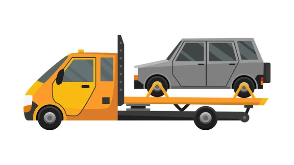 Tow truck. Flat faulty car loaded on a tow truck. Vehicle repair service which provides assistance damaged or salvaged cars — Stock Vector