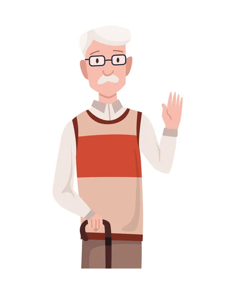 Greeting gesture of old men waving his hand. Character in casual clothes say hello. Nation representative greets you with a smile on his face — Stock Vector