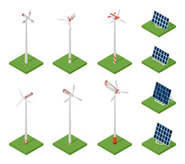 Isometric güneş panelleri ve rüzgar türbinleri. Temiz enerji kavramı. Temiz ekolojik güç. Eko yenilenebilir enerji güneş ve rüzgardan geliyor. Ağ için simge. Güneş hücresi ve yel değirmenleri