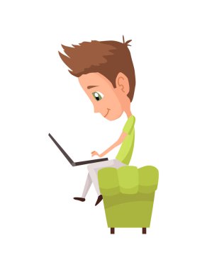 Çocuk alet kullanıyor. Çocuk ve modern teknoloji renkli çizgi film karakteri. Sevimli küçük çocuk çalışmak için dizüstü bilgisayar kullanıyor.