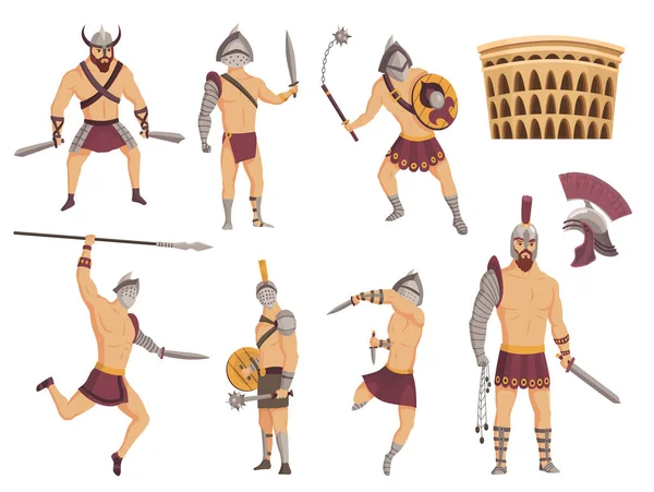 Gladiadores roma antiguos. Gladiador vector personaje guerrero romano en armadura con espada o arma y escudo. Ilustración plana en estilo de dibujos animados. Gente iconos conjunto con coliseo — Vector de stock