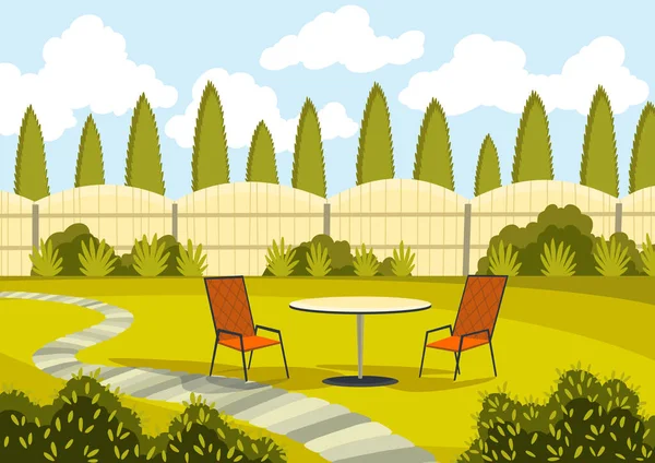 Patio con mesa de dibujos animados y sillas. Zona de patio soleado con césped verde. Dibujos animados al aire libre fondo fondo vector ilustración — Vector de stock
