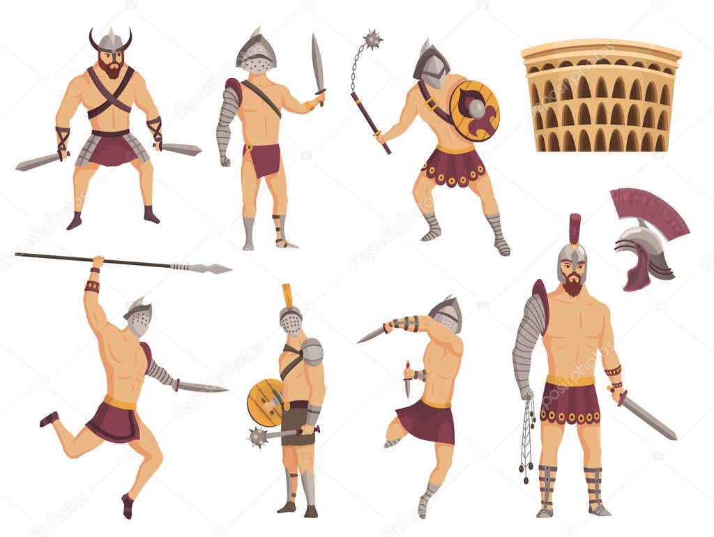 Ancient rome gladiators. Gladiator vector roman warrior character in armor with sword or weapon and shield. Flat illustration in cartoon style. People icons set with colosseum