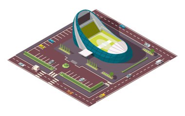 Isometric spor salonu. En büyük spor müsabakaları için. Futbol basketbolu ya da hokey stadyumunu sokakta arabalar ve otobüslerle temsil eden vektör simgesi ya da bilgi öğesi