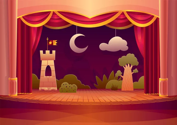 赤いカーテンと光で劇場の舞台。空の木製のシーン、雲や茂みと豪華なベルベットのドレープと装飾と劇場のインテリアのベクトル漫画のイラスト — ストックベクタ