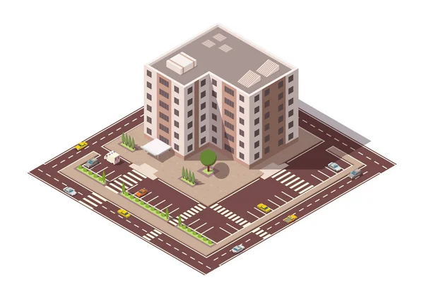 Vecteur isométrique gratte-ciel et éléments de rue avec place de parking. Élément de construction de plan de ville ou de ville. Icône représentant le bâtiment à plusieurs étages. Maisons, maisons ou bureaux — Image vectorielle