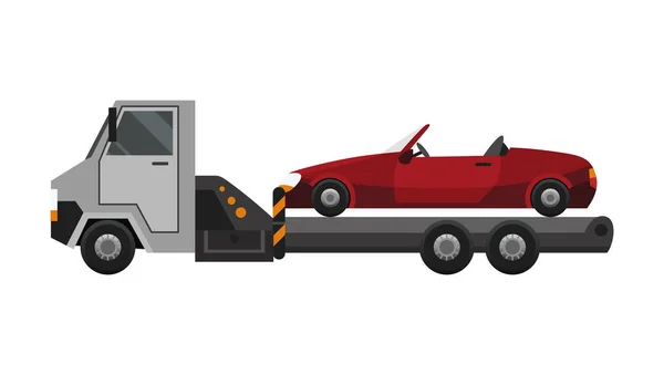 Tow卡车。有问题的平板车装在拖车上.提供损坏或救助车辆的车辆维修服务 — 图库矢量图片