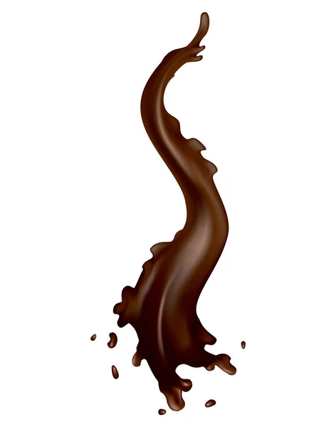 Chocolate salpicos. Gotas realistas ou fluxo de redemoinho no fundo branco. Vector comida de cacau líquido, modelo de bebida quente. Delicioso chocolate escuro para sobremesas de confeitaria anúncio — Vetor de Stock