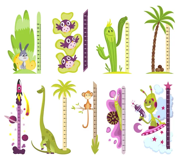 Verzameling van wandmeters met verschillende afbeeldingen. Stickers voor het meten van lengte kinderen. Grappige vector cartoon illustraties voor kinderen — Stockvector