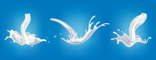 Conjunto de salpicaduras de leche realistas. Verter líquido blanco o productos lácteos. Muestra de publicidad de productos lácteos naturales realistas, yogur o crema, aislados sobre fondo azul — Archivo Imágenes Vectoriales