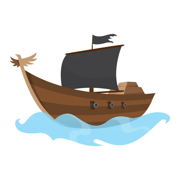 Ilustración estilizada del barco pirata de dibujos animados con velas negras. Lindo dibujo vectorial. Barco pirata navegando en el agua — Vector de stock