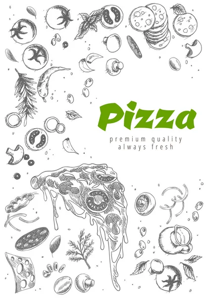 Pizza line banner. Estilo grabado doodle fondo. Anuncios de pizza salados con la ilustración ricos coberturas masa. Sabroso banner vectorial para café, restaurante o servicio de entrega de alimentos — Vector de stock