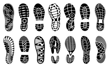 Ayak izi koleksiyonu insan ayakkabısı silueti. Ayakkabı tabanı izi. Farklı vektör ayak izleri erkekler kadın spor ayakkabısı botları. Beyaz arkaplanda izole edilmiş ayak izi simgeleri