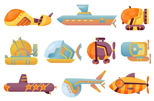 Collection sous-marins sous-marins. Mignon dessin animé sous-marins jaunes. Bathyscaphe sous-marin. Plongée explorant au fond de la mer. Illustrations de jeux enfants — Image vectorielle